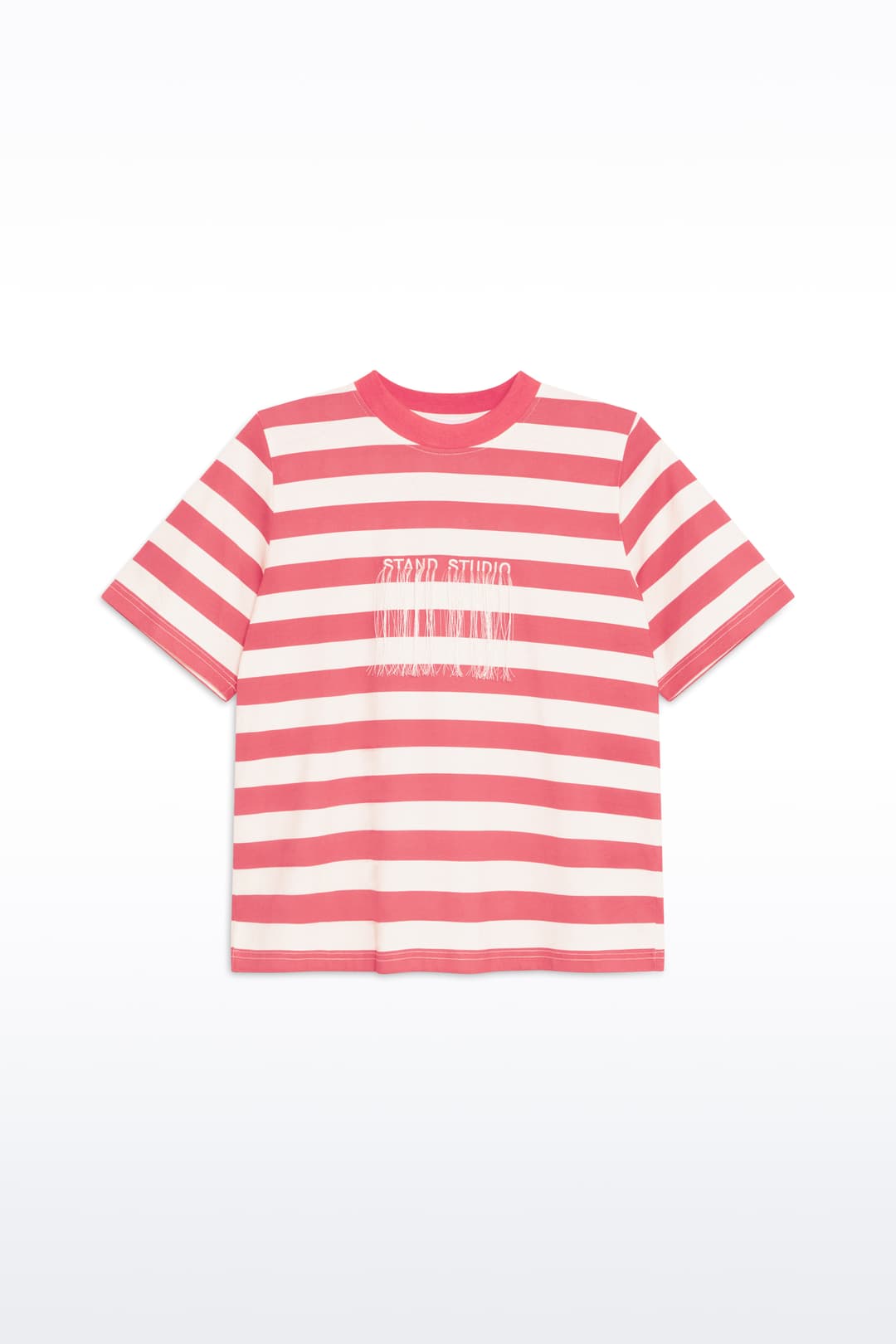 Packshot of the Hallie T-Shirt in Watermelon Stripe/Fringe, Hallie Tee is a relaxed-fit striped t-shirt made from lightweight jersey fabric. The color is a red and white striped fabric.