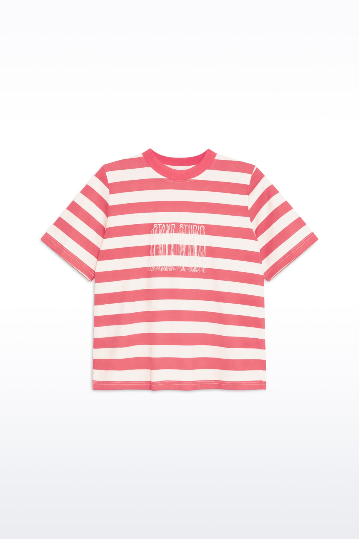 Packshot of the Hallie T-Shirt in Watermelon Stripe/Fringe, Hallie Tee is a relaxed-fit striped t-shirt made from lightweight jersey fabric. The color is a red and white striped fabric.