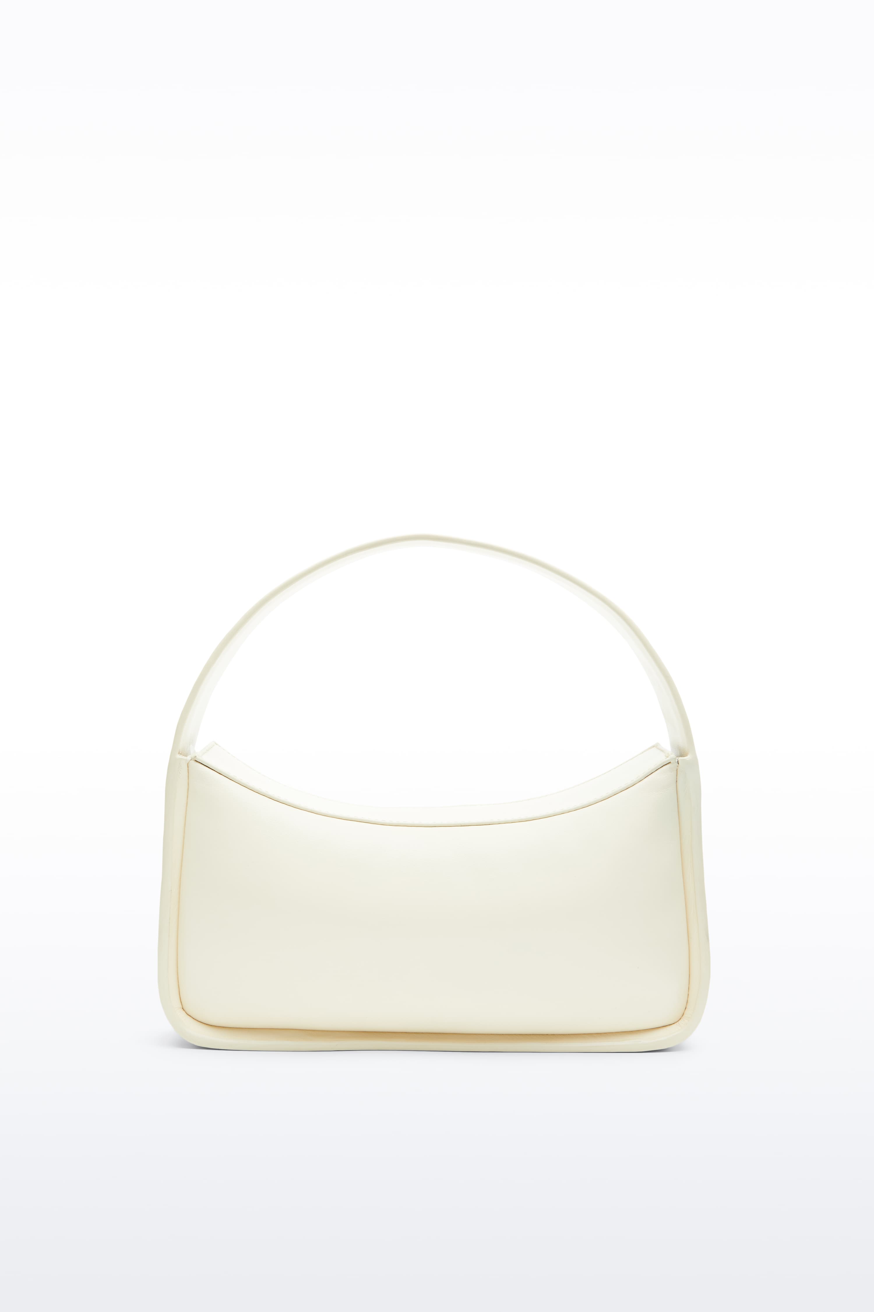 Front view of the Dakota Bag in Pina Colada, Dakota is a handbag crafted from genuine lamb leather and designed for a sleek, baguette-shaped silhouette. The color is a pale yellow tone.