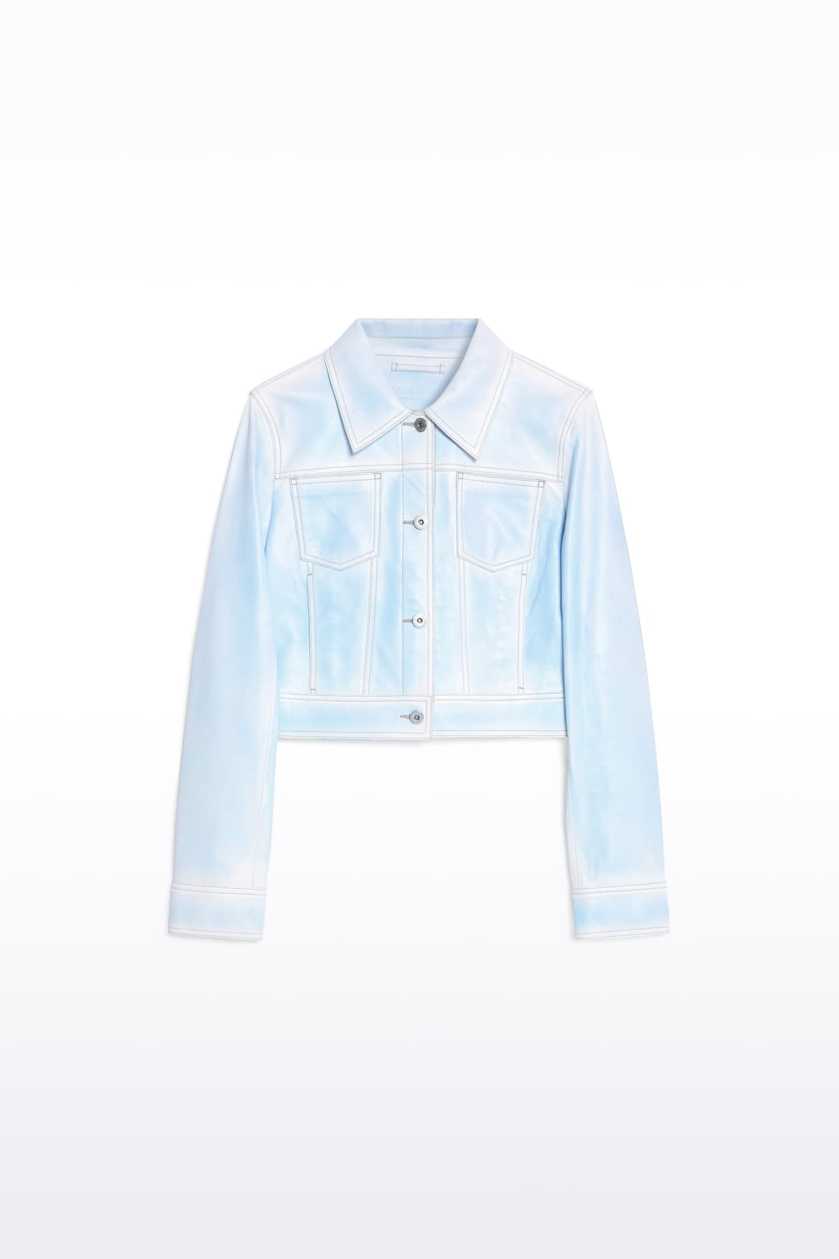 Packshot of the Calliope Jacket in Blue Lagoon, is crafted in supple lamb leather and features a cropped silhouette. The color is a soft light blue.
