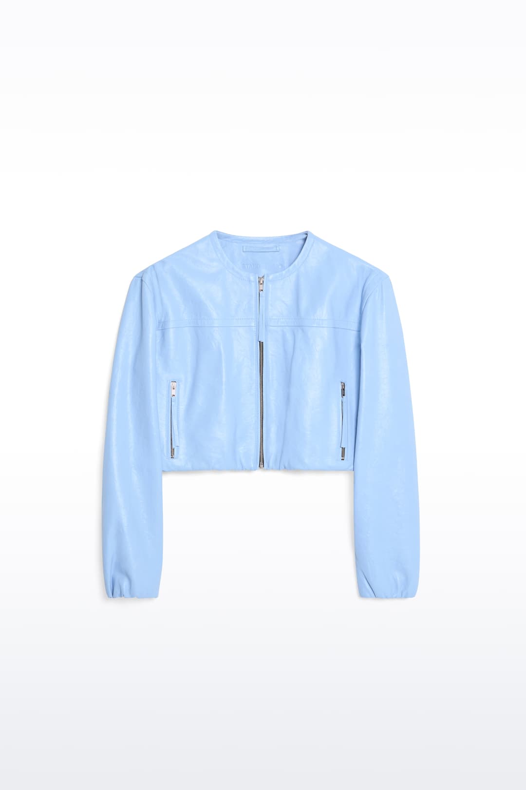 Packshot of the Finley Bomber Jacket in Sky Blue, Finley Jacket is crafted from leather with a relaxed silhouette. The color is a light sky blue tone.