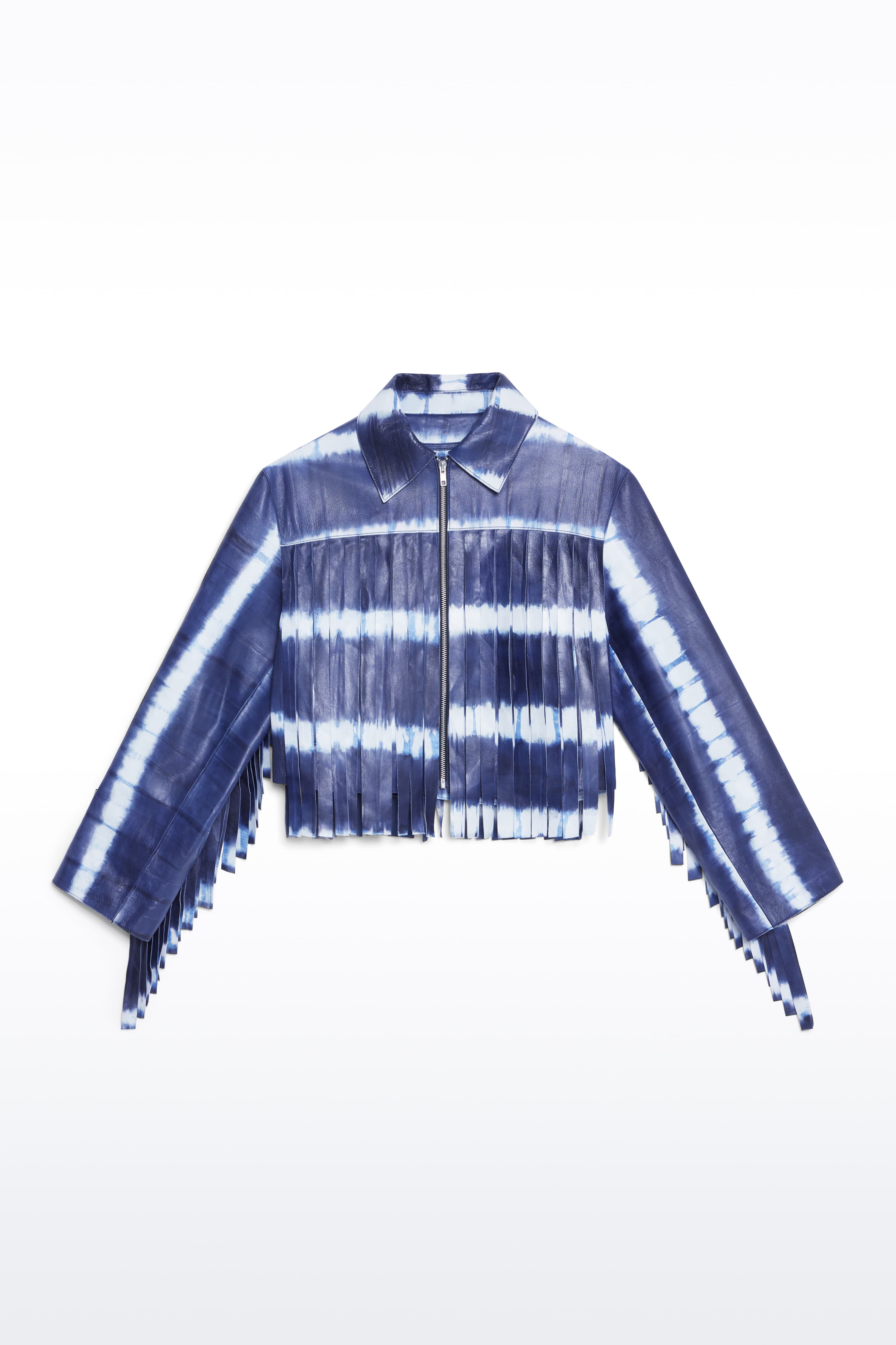 Packshot of the Charlotta Fringe Jacket in Ocean Tie Dye, is designed in leather with a cropped silhouette and raw edge finishes. The color is a dark blue with white tie-dye pattern.