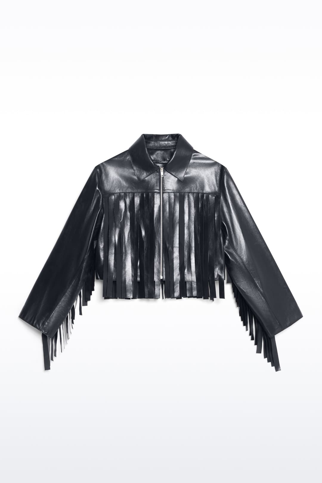 Packshot of the Charlotta Fringe Jacket in Black, is designed in leather with a cropped silhouette and raw edge finishes.