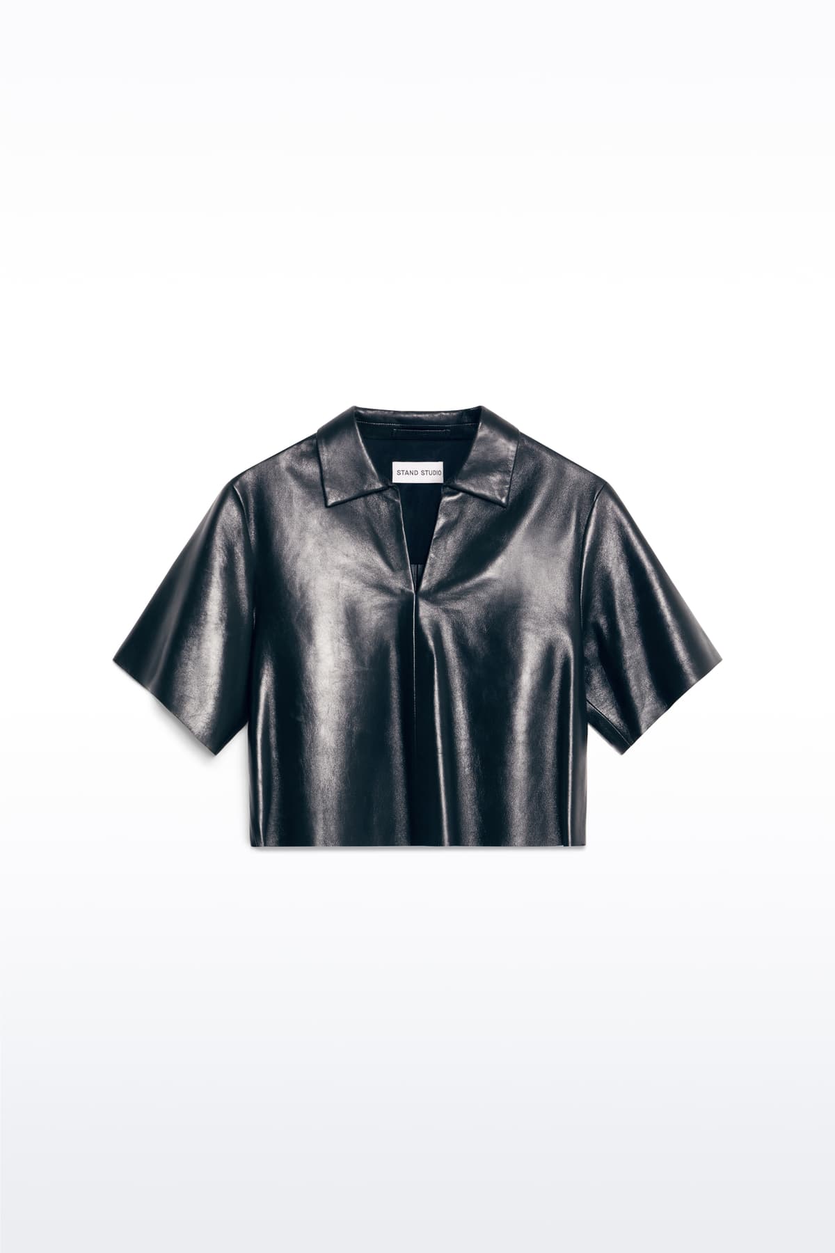 Packshot of the Julissa Shirt in Black, is designed in leather with a relaxed silhouette.