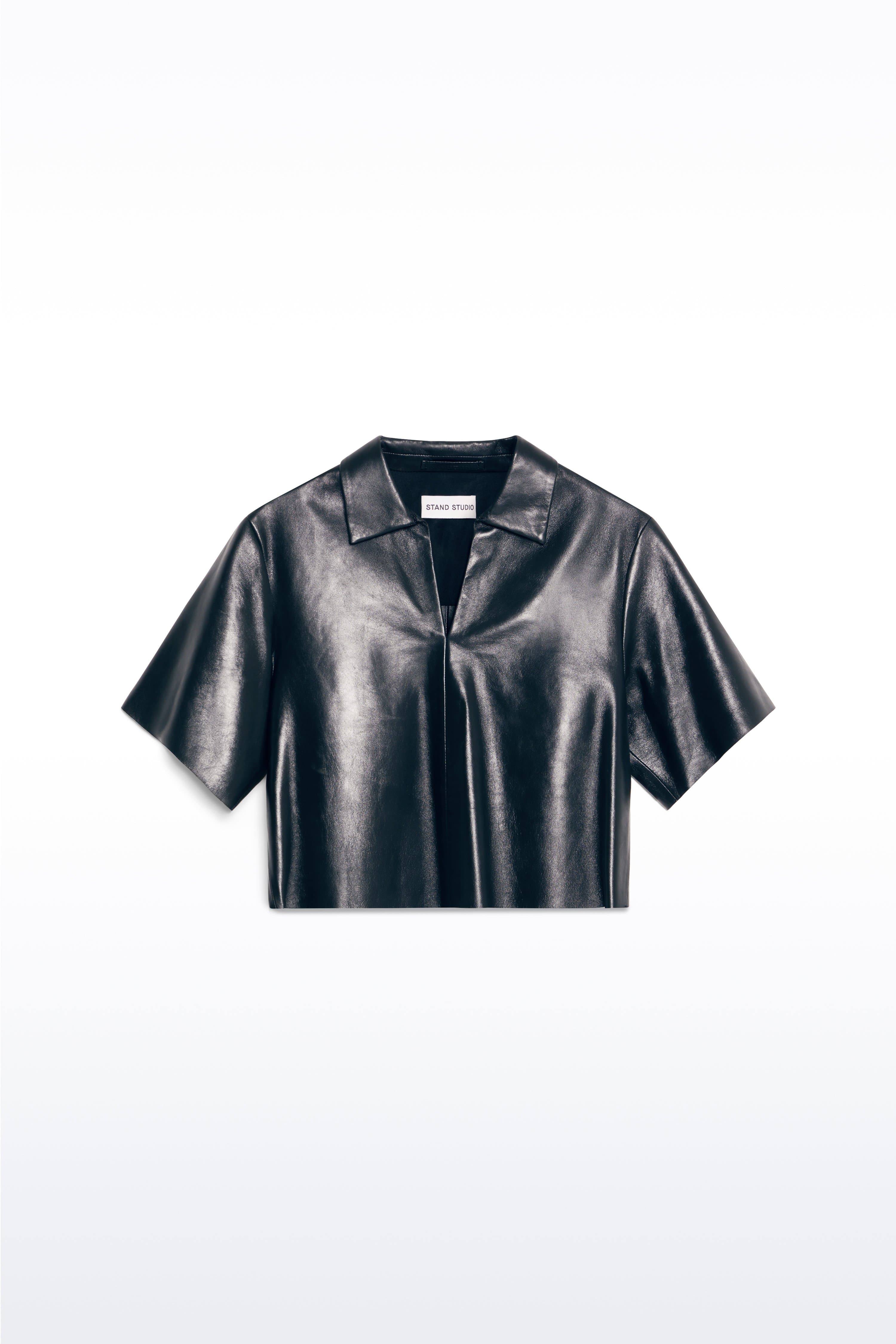 Packshot of the Julissa Shirt in Black, is designed in leather with a relaxed silhouette.