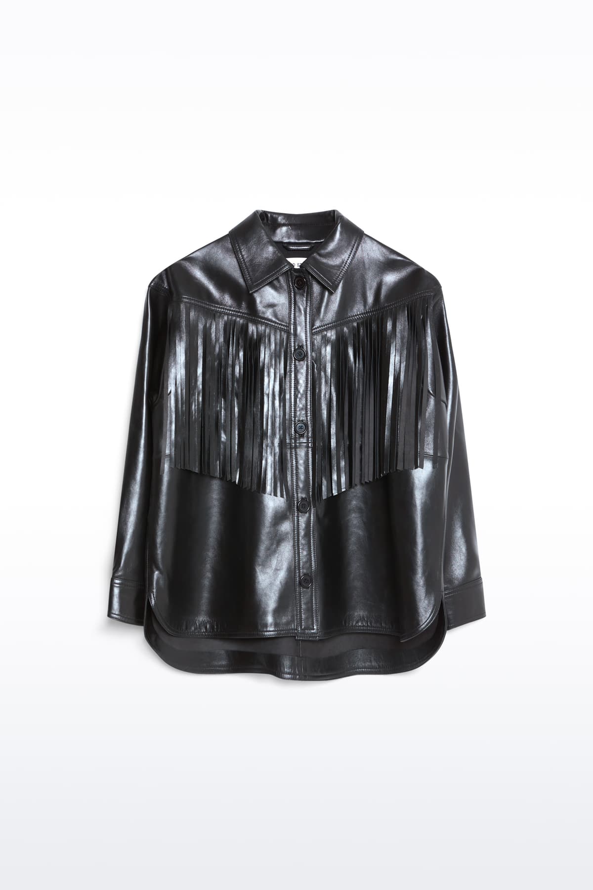 Packshot of the Saskia Fringe Shirt in Black, Saskia Shirt is crafted from leather with a soft, flowing silhouette.