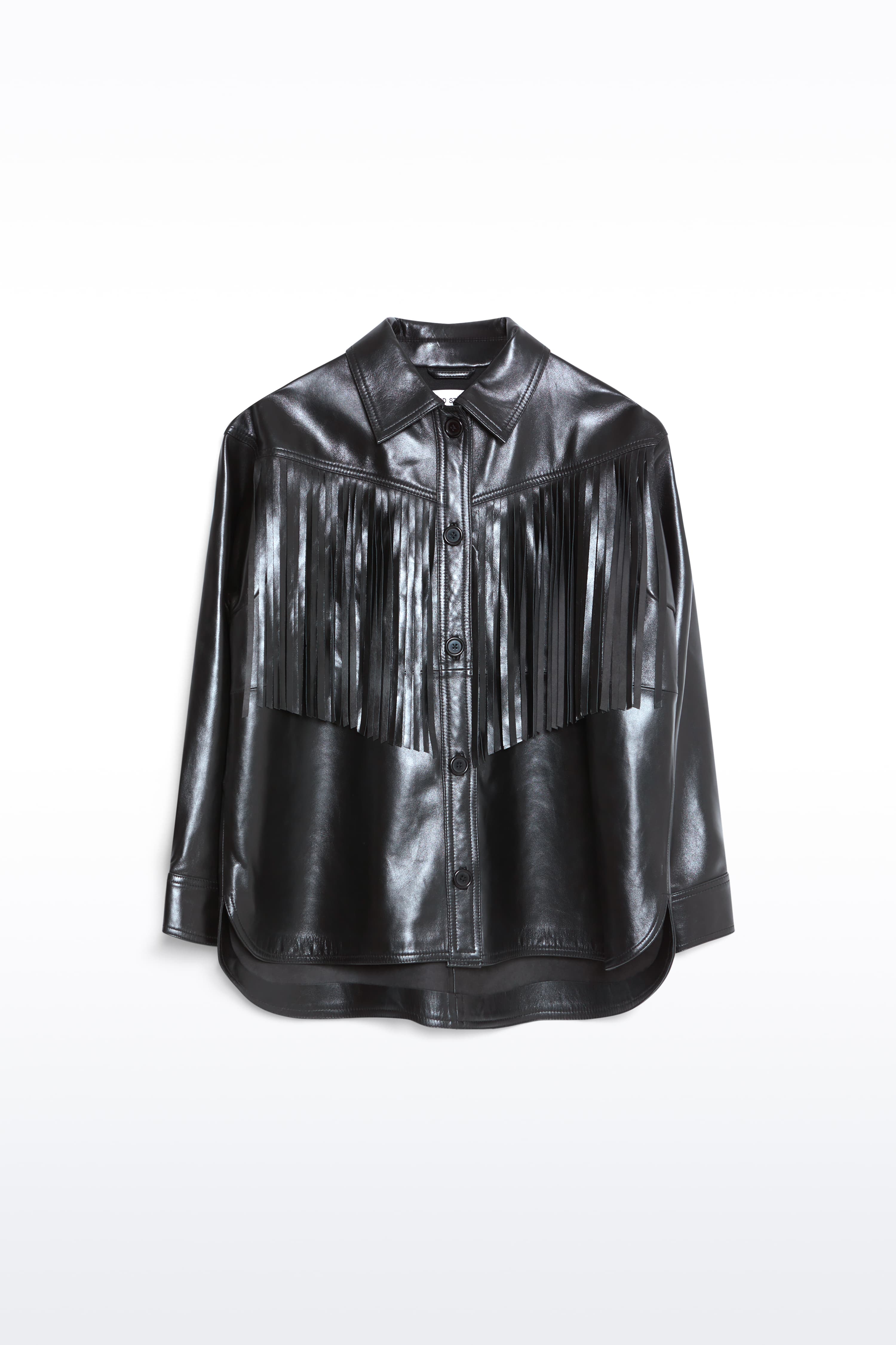 Packshot of the Saskia Fringe Shirt in Black, Saskia Shirt is crafted from leather with a soft, flowing silhouette.