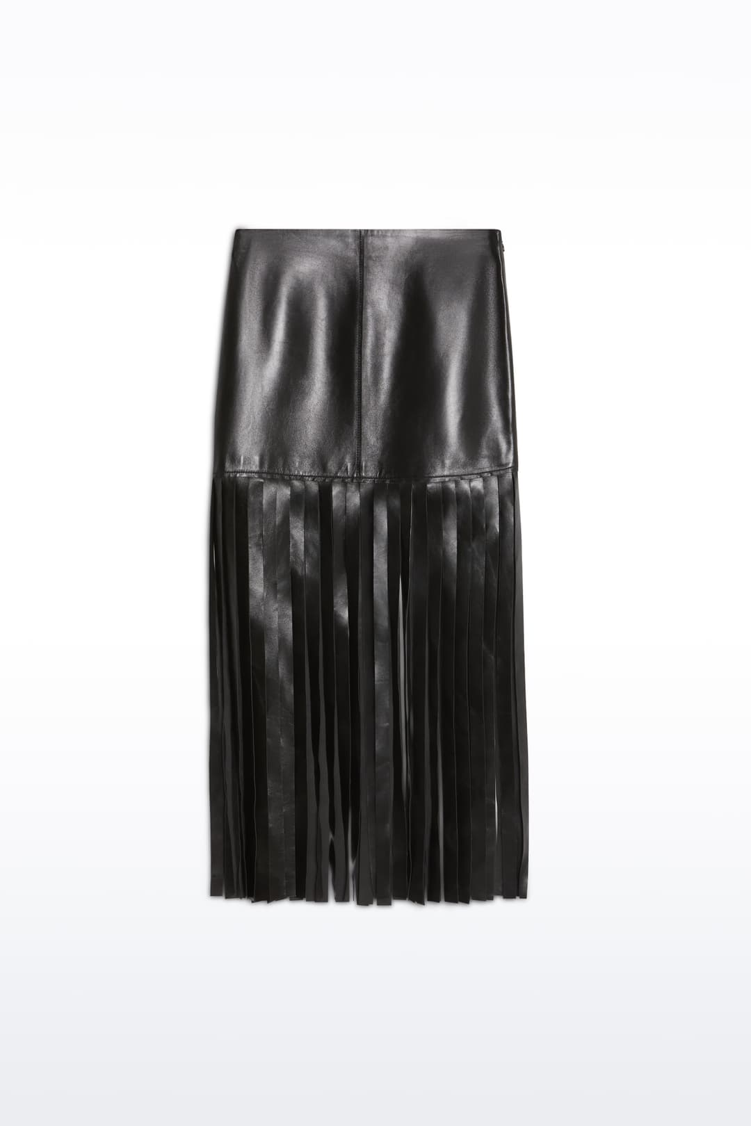 Packshot of the Viviana Fringe Skirt in Black, is made from leather and features a clean, contemporary silhouette with raw edge fringes.