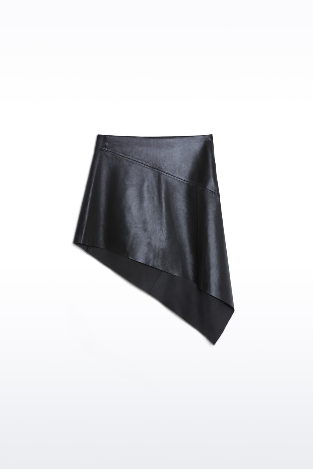 Packshot of the Chaya Skirt in Black, is made from leather and showcases a modern, wrap-around design.
