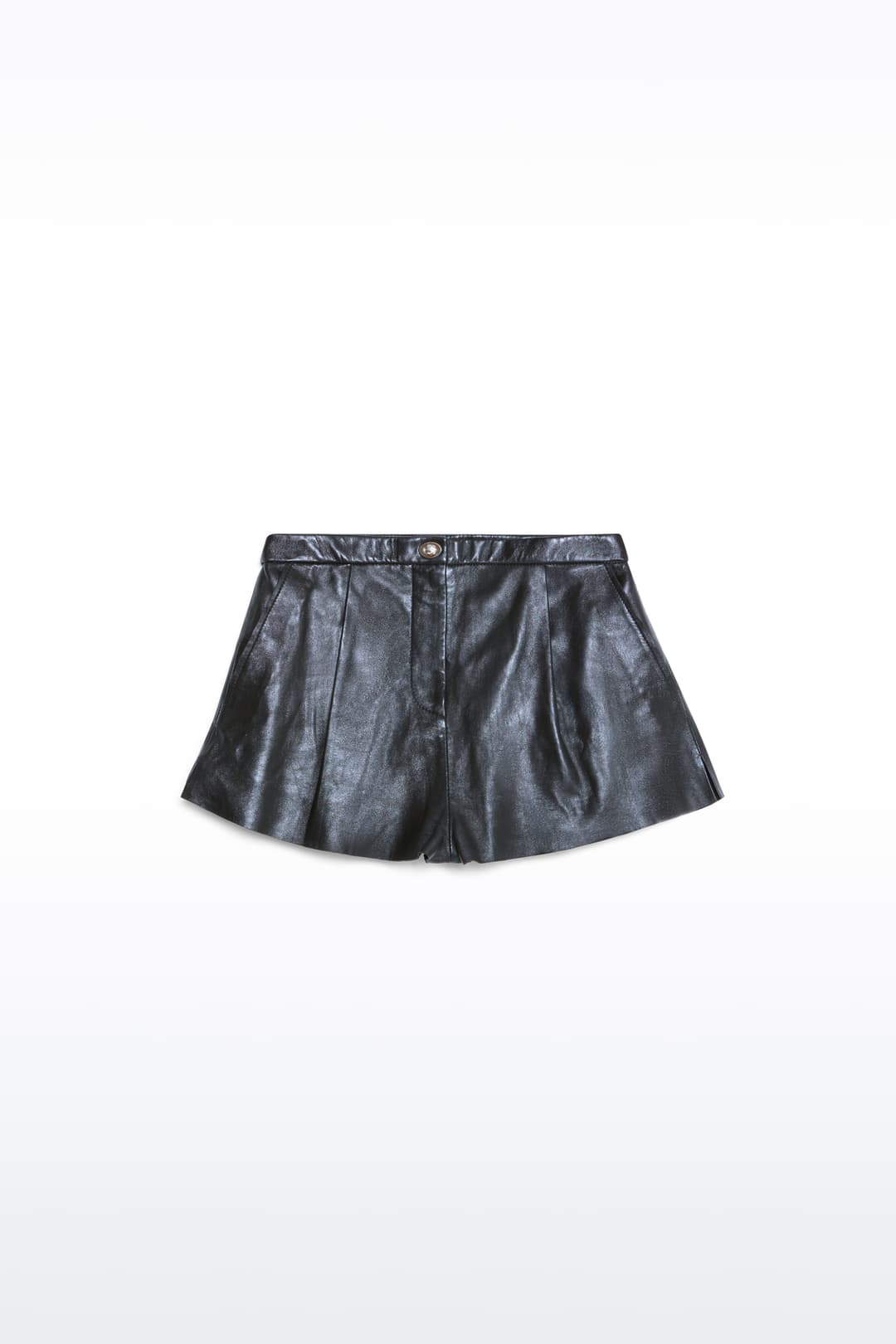 Packshot of the Paulin Shorts in Black, are crafted in supple lamb leather with a short design.