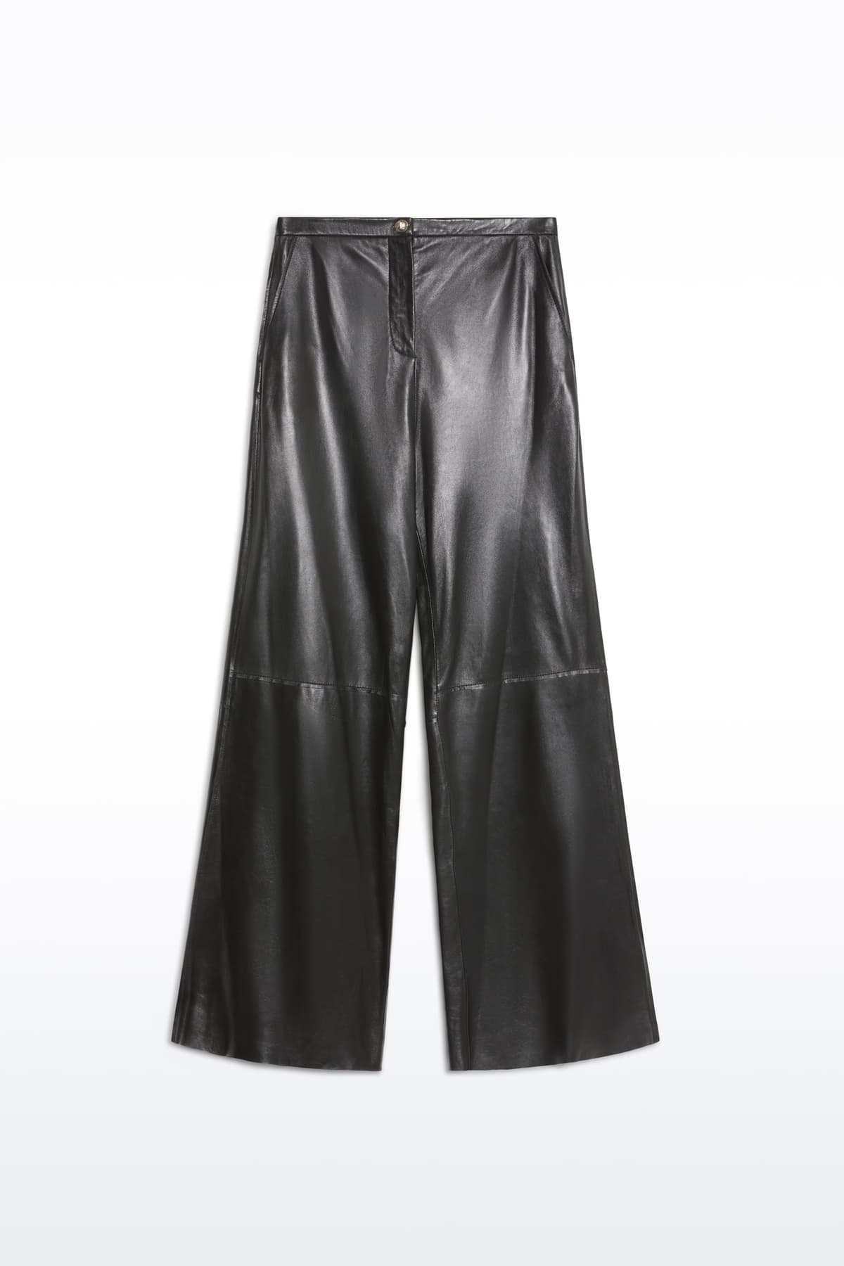 Packshot of the Rowyn Trousers in Black, are crafted in leather and are designed for a wide silhouette.