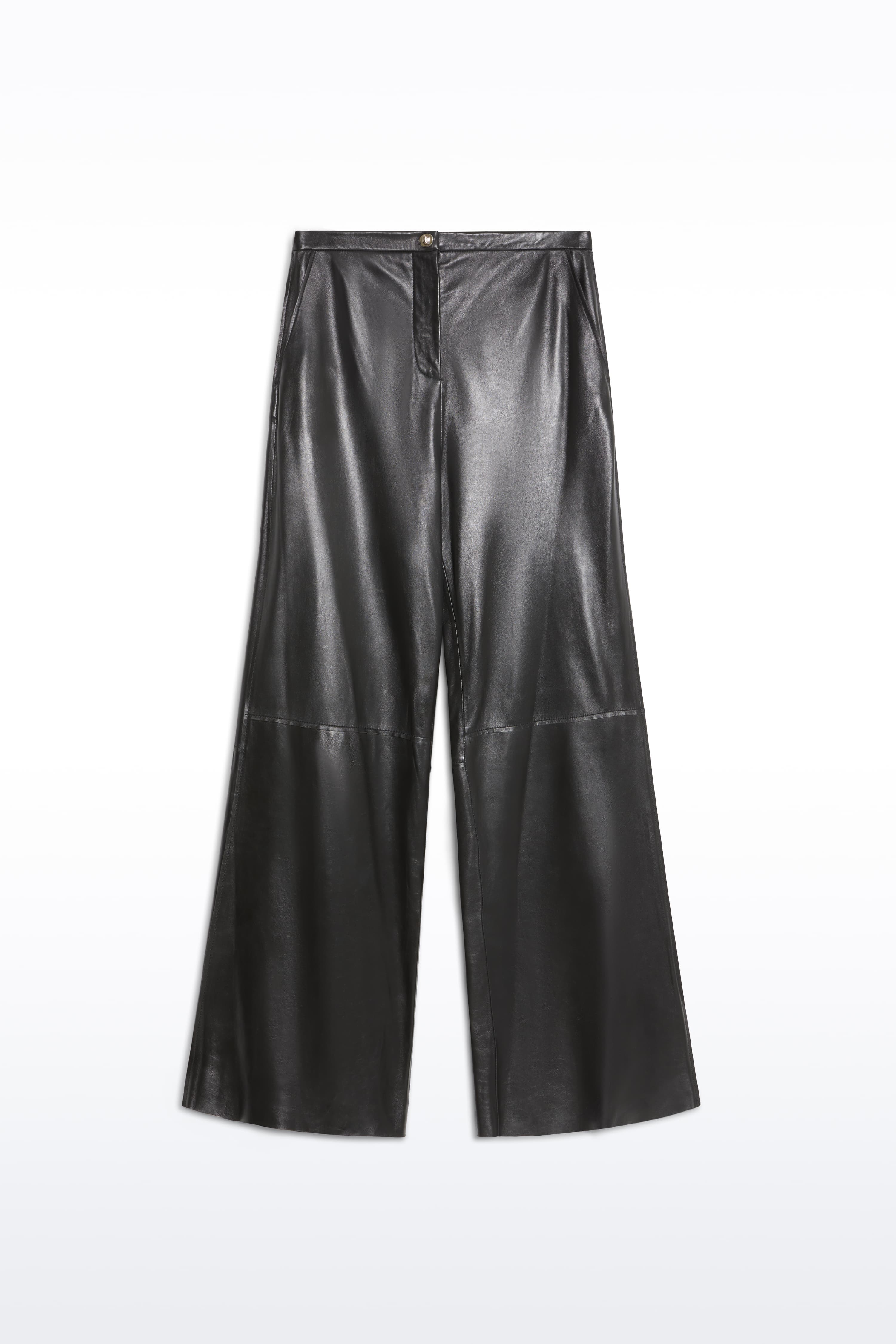 Packshot of the Rowyn Trousers in Black, are crafted in leather and are designed for a wide silhouette.