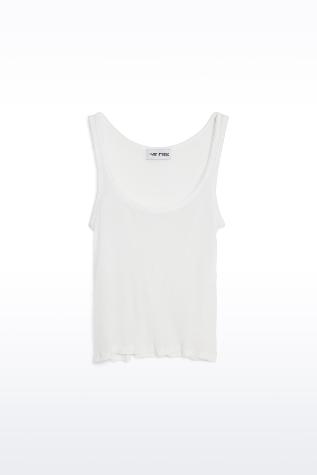 Packshot of the Amoura Top in White, is a tank top crafted from soft ribbed fabric.