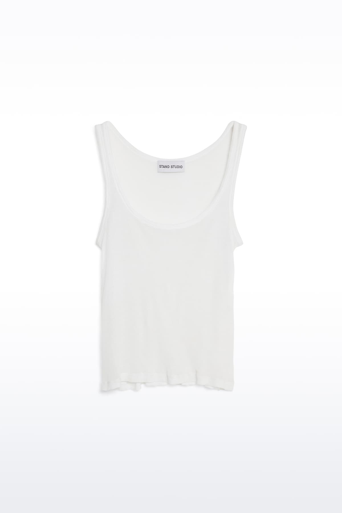 Packshot of the Amoura Top in White, is a tank top crafted from soft ribbed fabric.