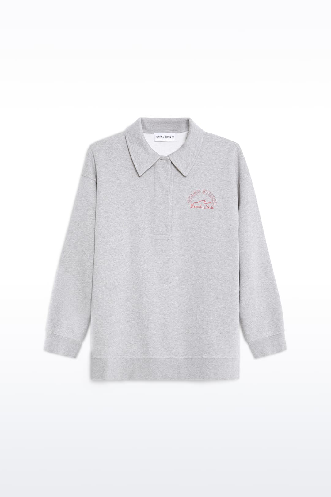 Packshot of the Emberynn Sweatshirt in Grey Melange/Beach Club, is a relaxed sweatshirt featuring a classic polo collar and a concealed button placket.