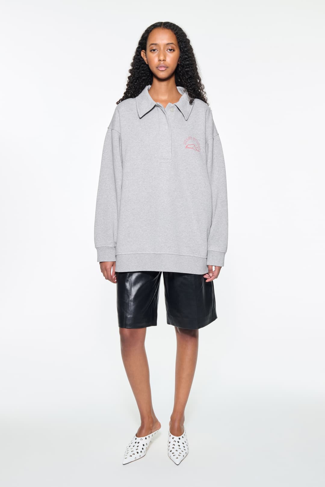 Front view of the Emberynn Sweatshirt in Grey Melange/Beach Club, is a relaxed sweatshirt featuring a classic polo collar and a concealed button placket.