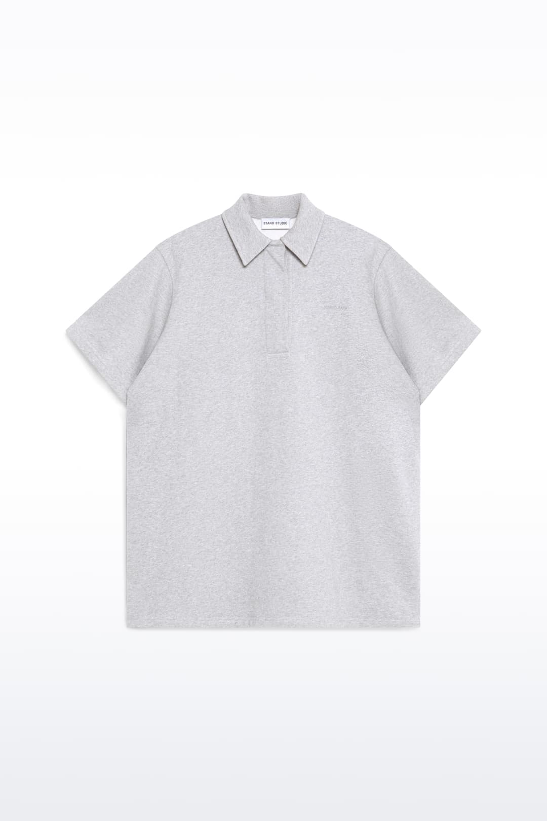 Packshot of the Kennedi Polo Dress in Grey Melange/Logo, is a casual, knee-length dress with a polo collar made from lightweight jersey fabric.