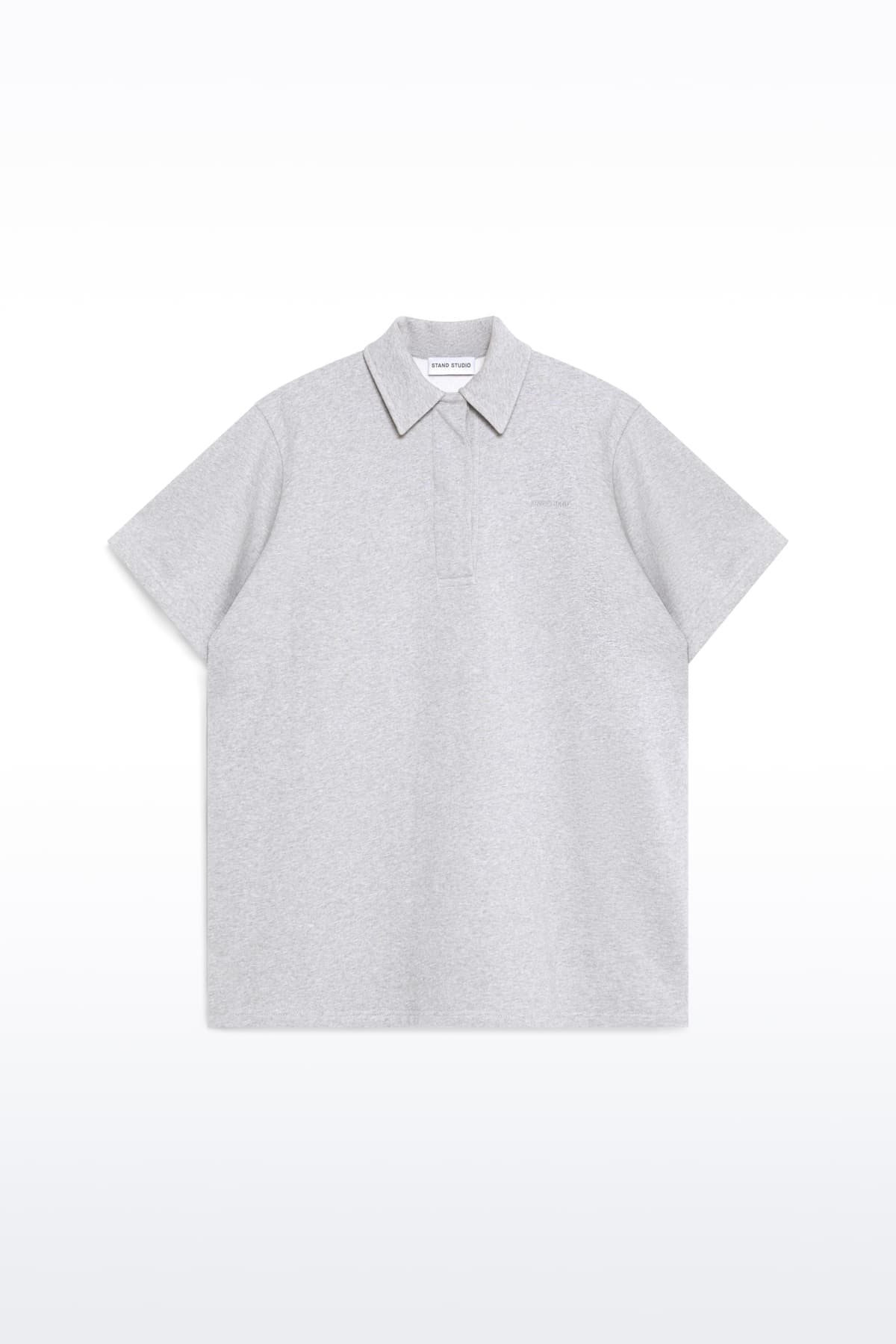 Packshot of the Kennedi Polo Dress in Grey Melange/Logo, is a casual, knee-length dress with a polo collar made from lightweight jersey fabric.