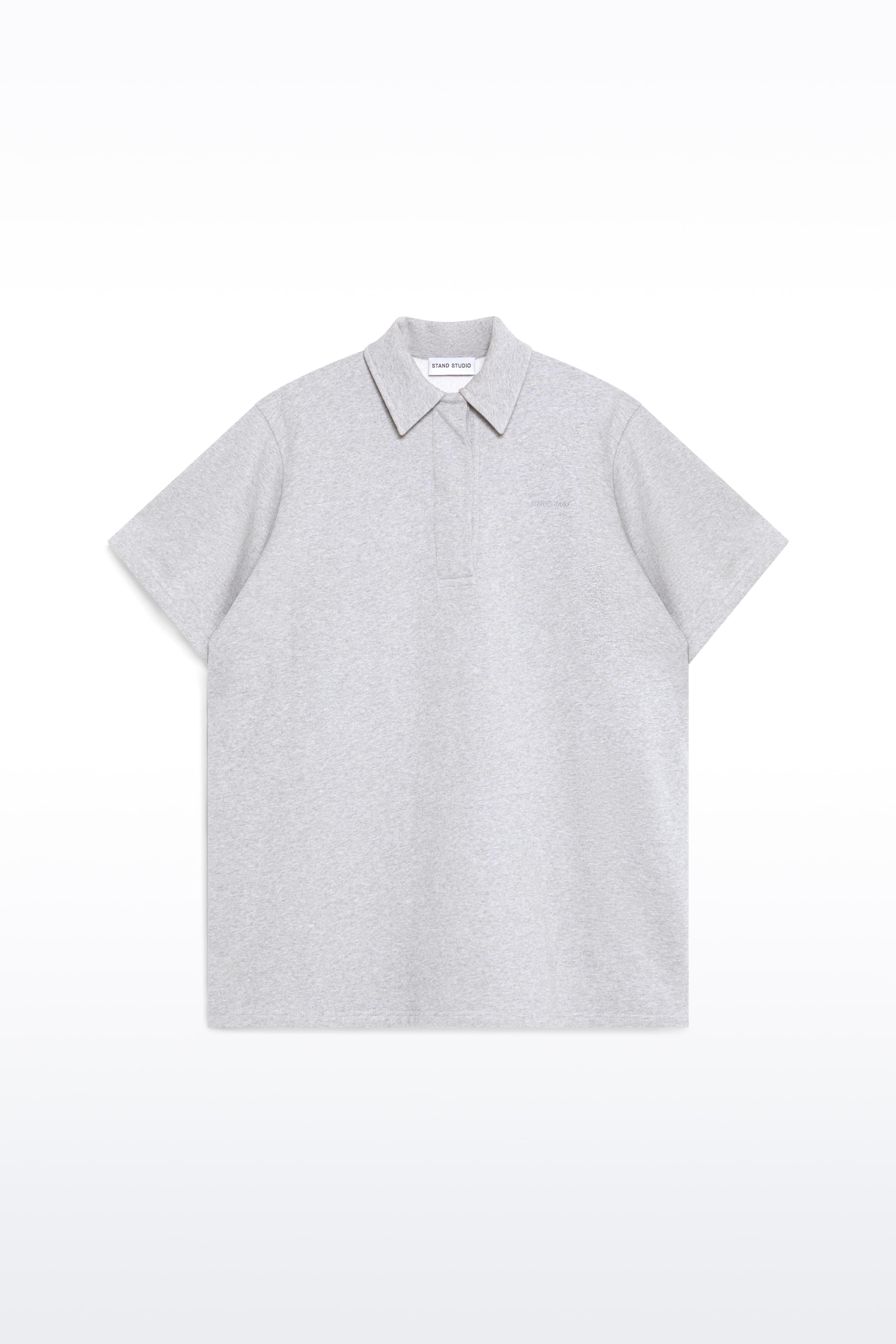 Packshot of the Kennedi Polo Dress in Grey Melange/Logo, is a casual, knee-length dress with a polo collar made from lightweight jersey fabric.