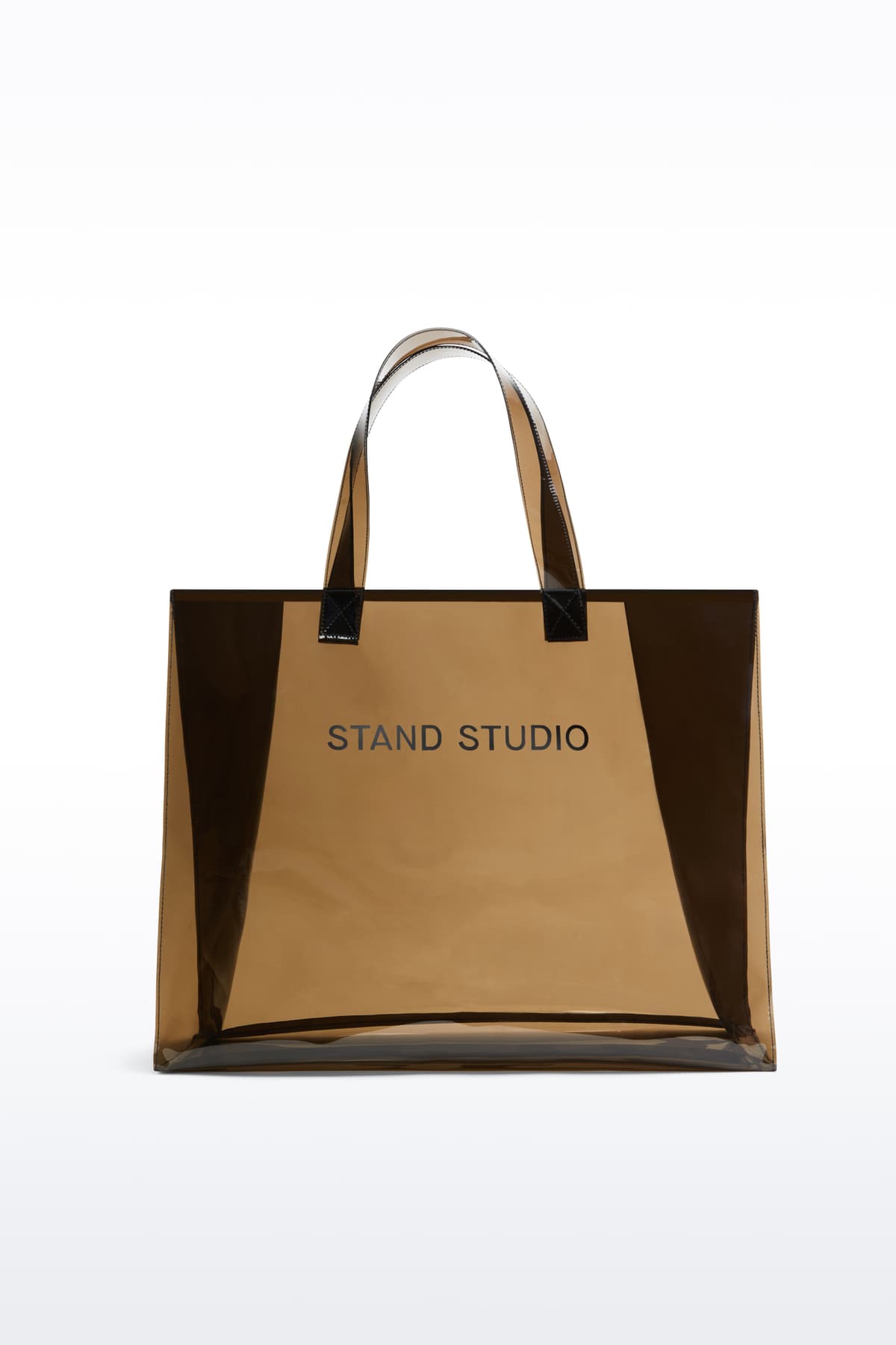 Front view of the Tina Tote in Black, is a spacious everyday bag crafted from transparent material.