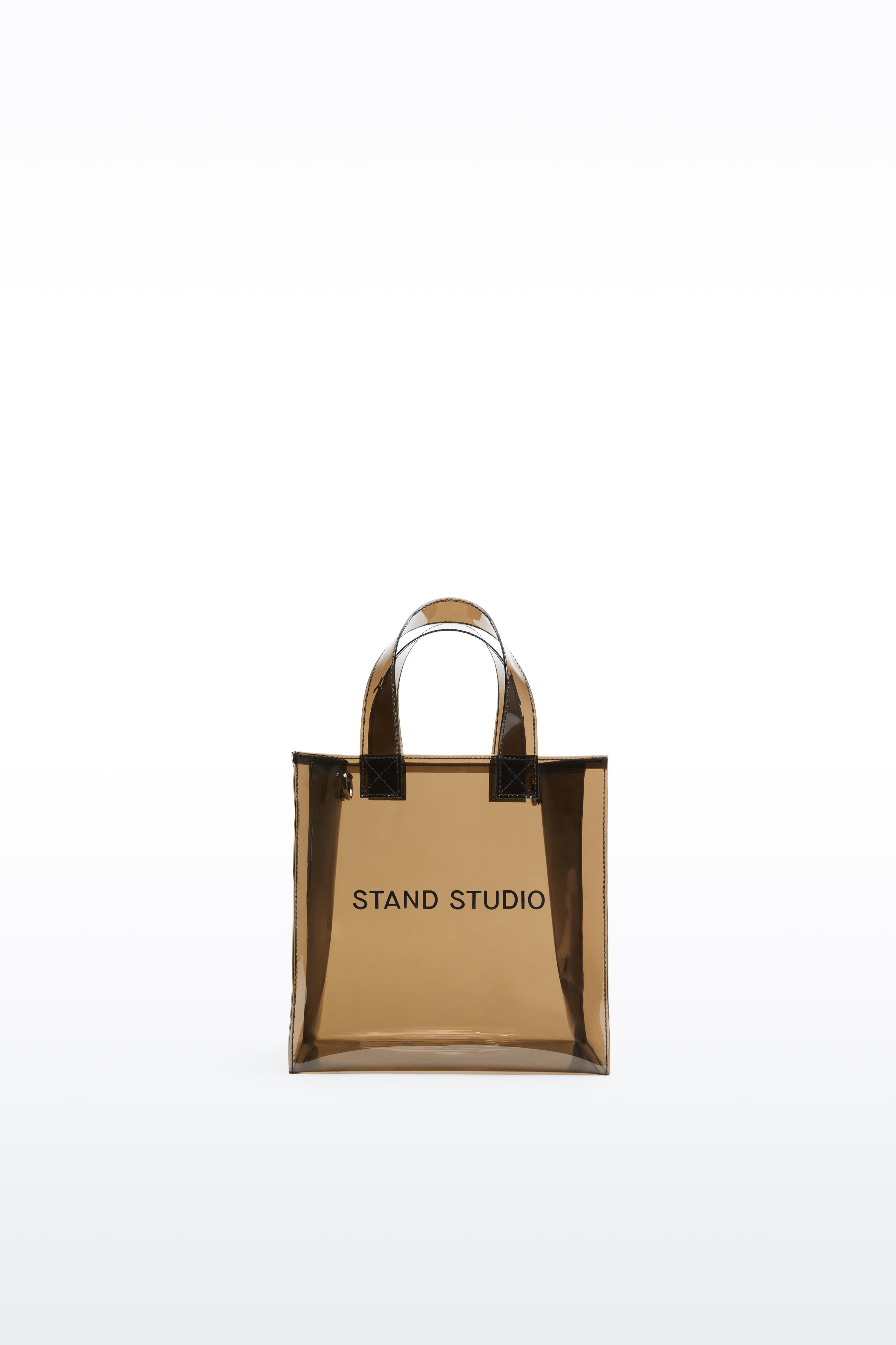 Front view of the Tina Mini Tote in Black, is a compact version of the Tina Tote, crafted from transparent material.