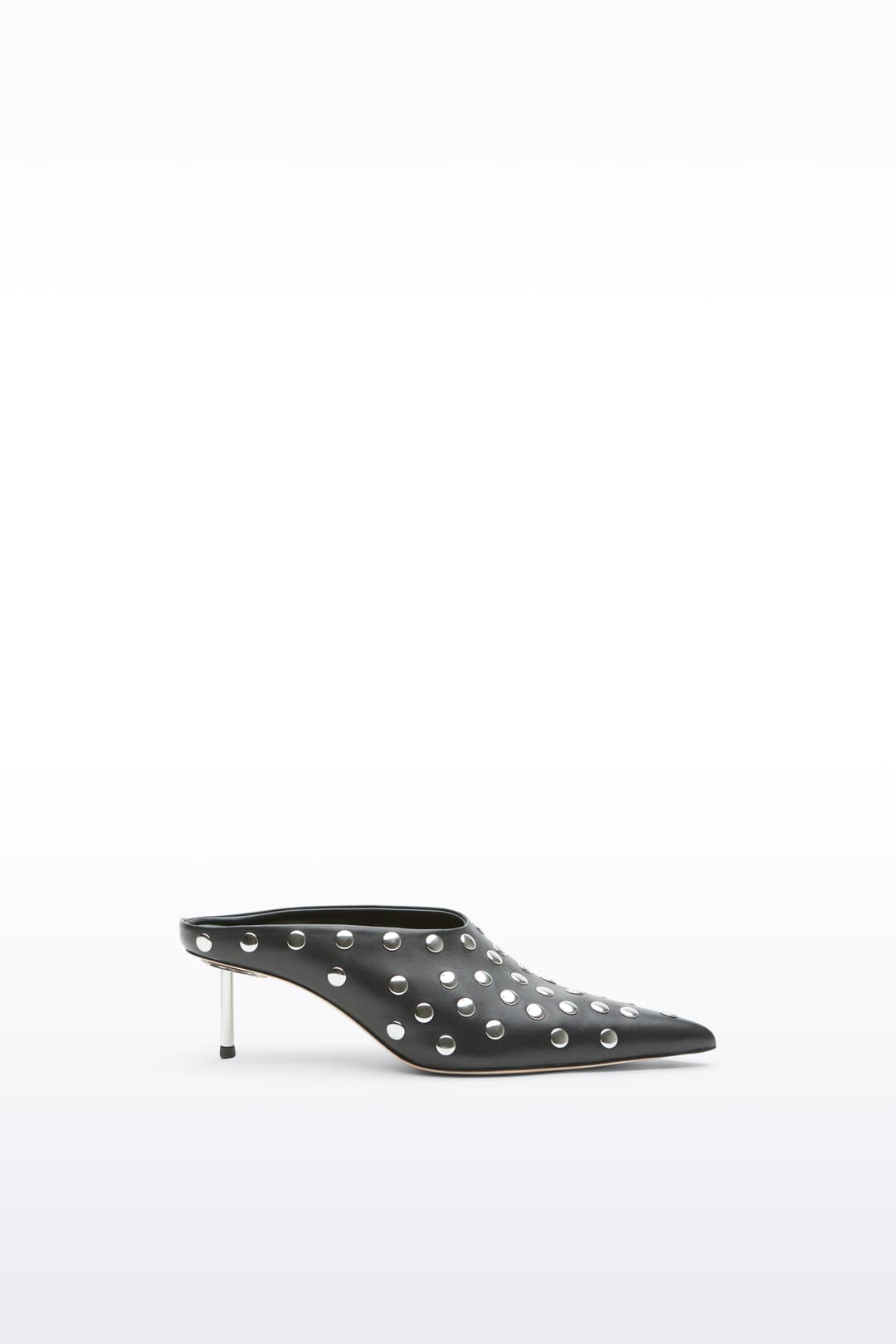 Side view of the Kelsey Studded Mule in Black, Kelsey Mule is a slip-on mule crafted in smooth nappa leather with sleek metallic studs.