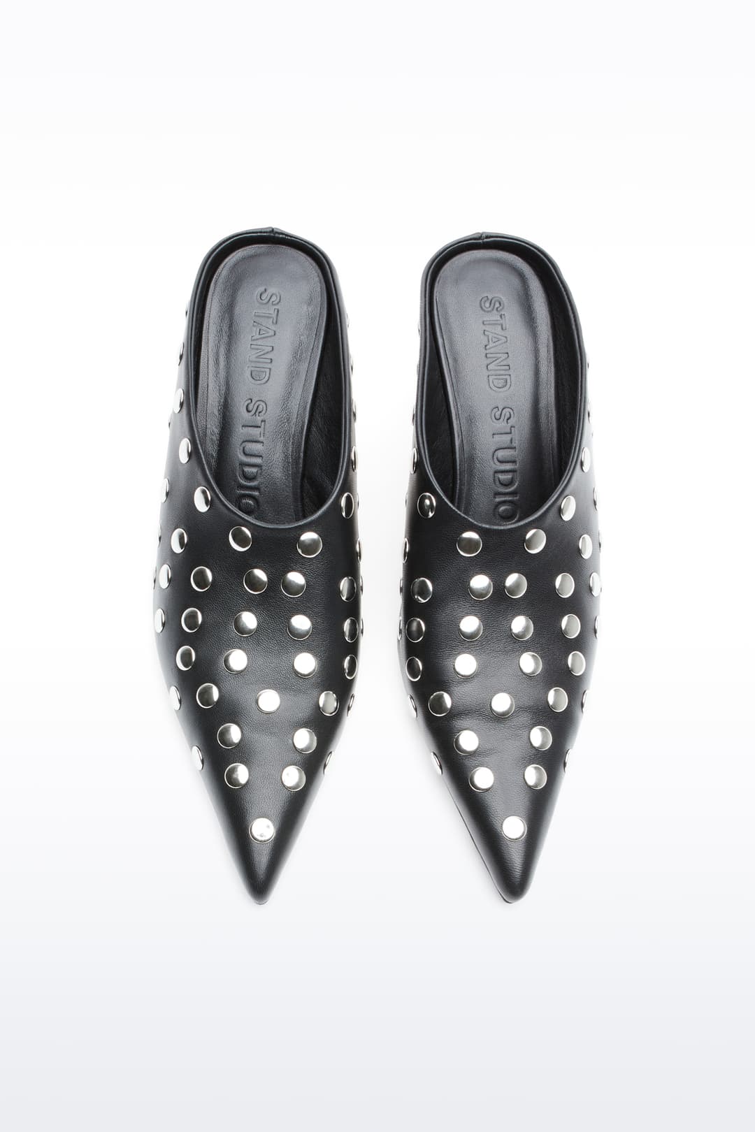 Above view of Kelsey Studded Mule in Black, Kelsey Mule is a slip-on mule crafted in smooth nappa leather with sleek metallic studs.