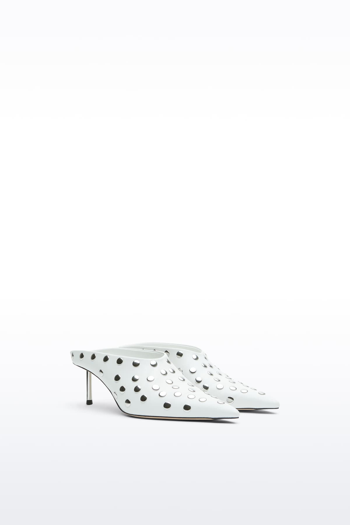 Additional view of the Kelsey Studded Mule in White, Kelsey Mule is a slip-on mule crafted in smooth nappa leather with sleek metallic studs.