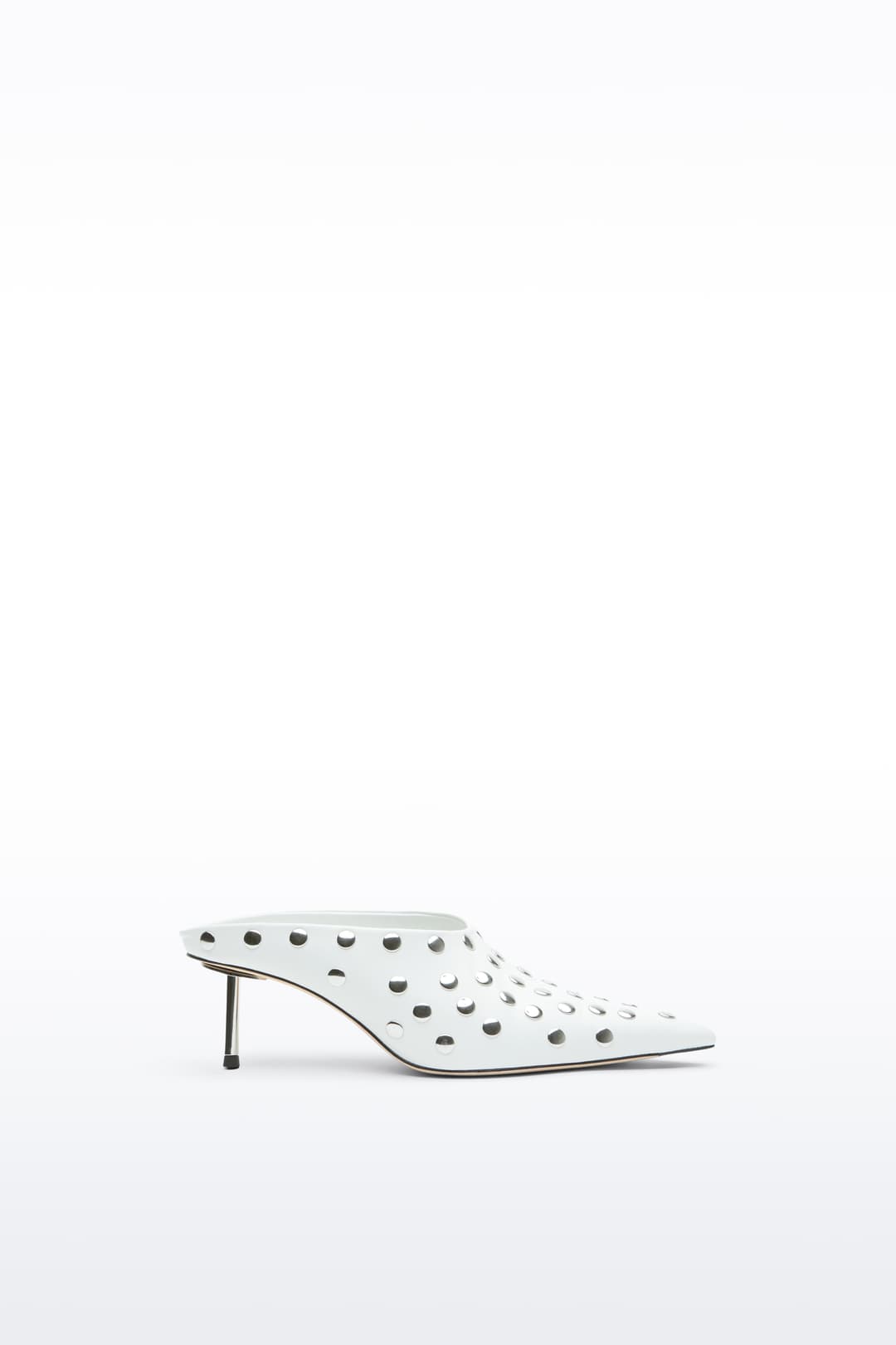 Side view of the Kelsey Studded Mule in White, Kelsey Mule is a slip-on mule crafted in smooth nappa leather with sleek metallic studs.