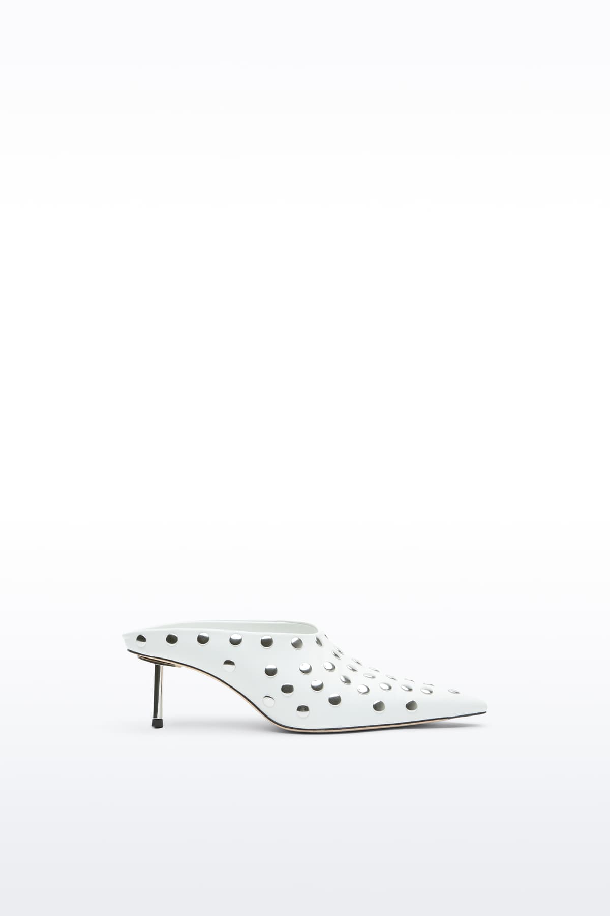 Side view of the Kelsey Studded Mule in White, Kelsey Mule is a slip-on mule crafted in smooth nappa leather with sleek metallic studs.