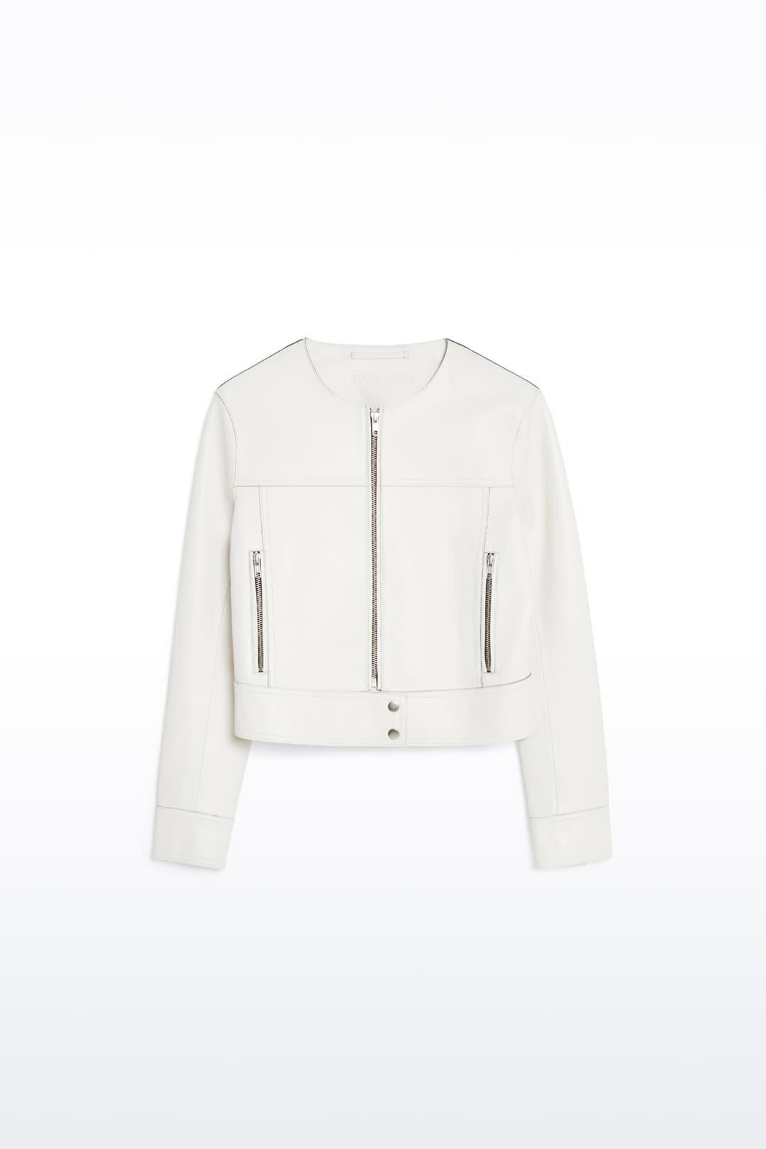 Packshot of the Cassie Jacket in White, is crafted from leather and bonded with scuba for a bold and structured fit.