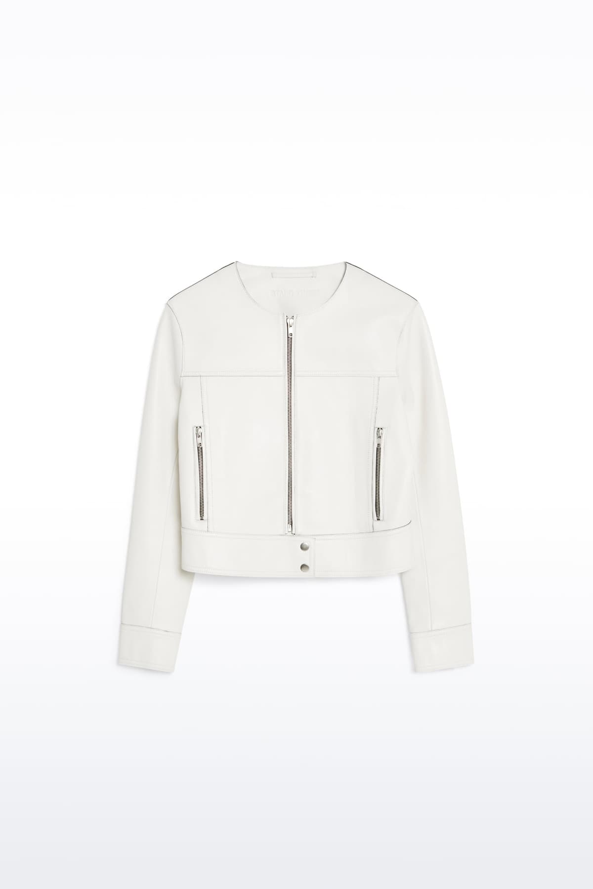 Packshot of the Cassie Jacket in White, is crafted from leather and bonded with scuba for a bold and structured fit.
