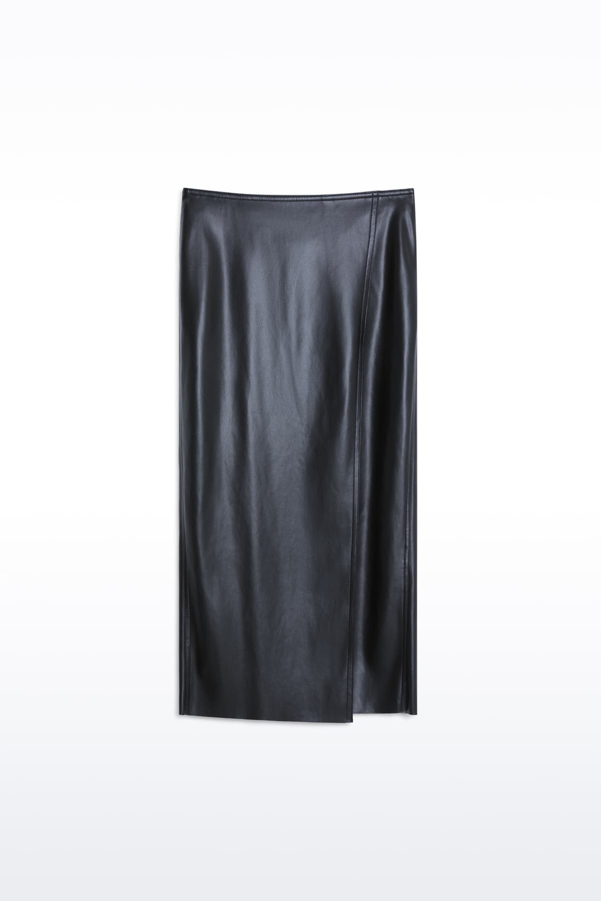 Packshot of the Kamila Skirt in Black, is a faux leather midi skirt with a high slit at the front.