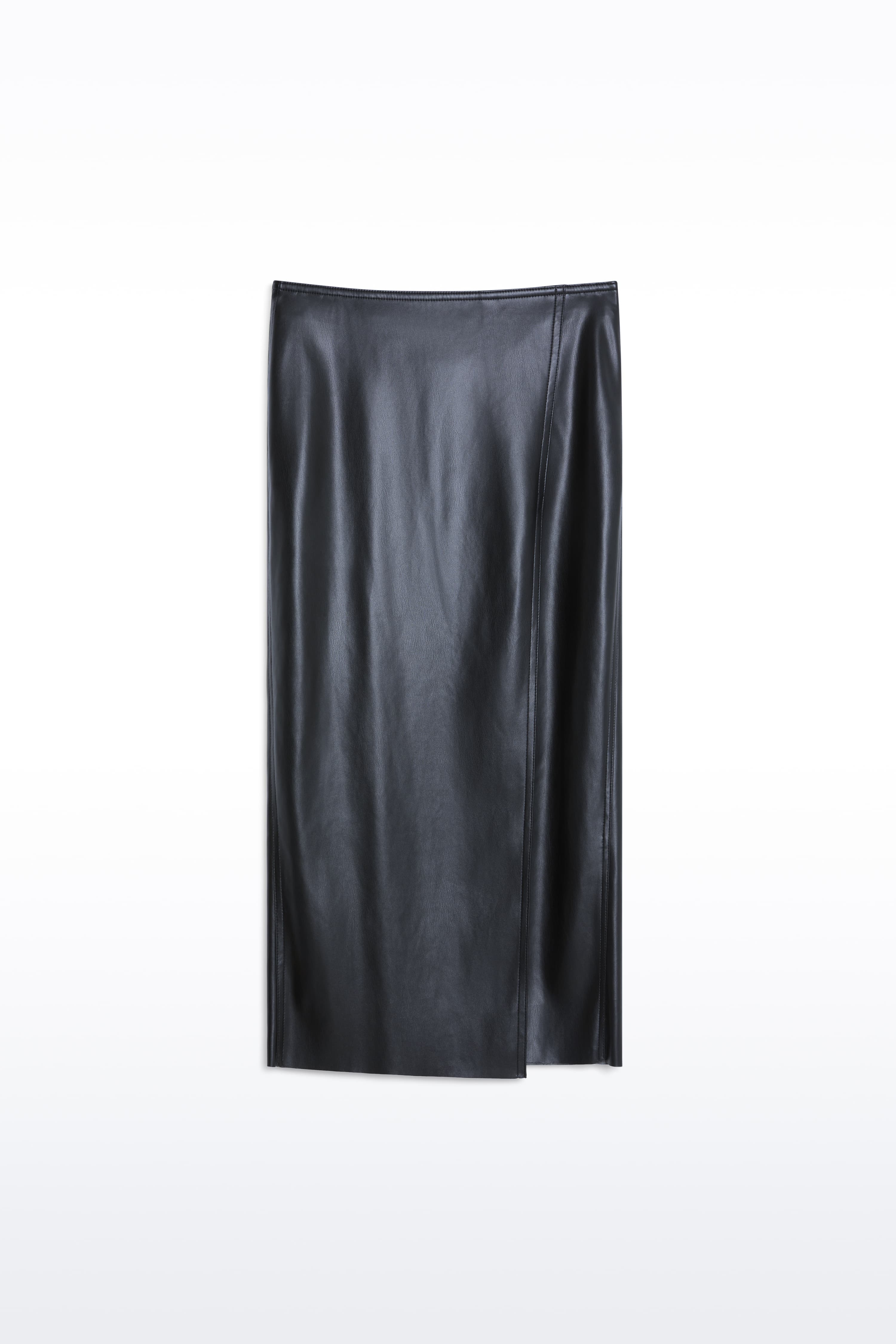 Packshot of the Kamila Skirt in Black, is a faux leather midi skirt with a high slit at the front.