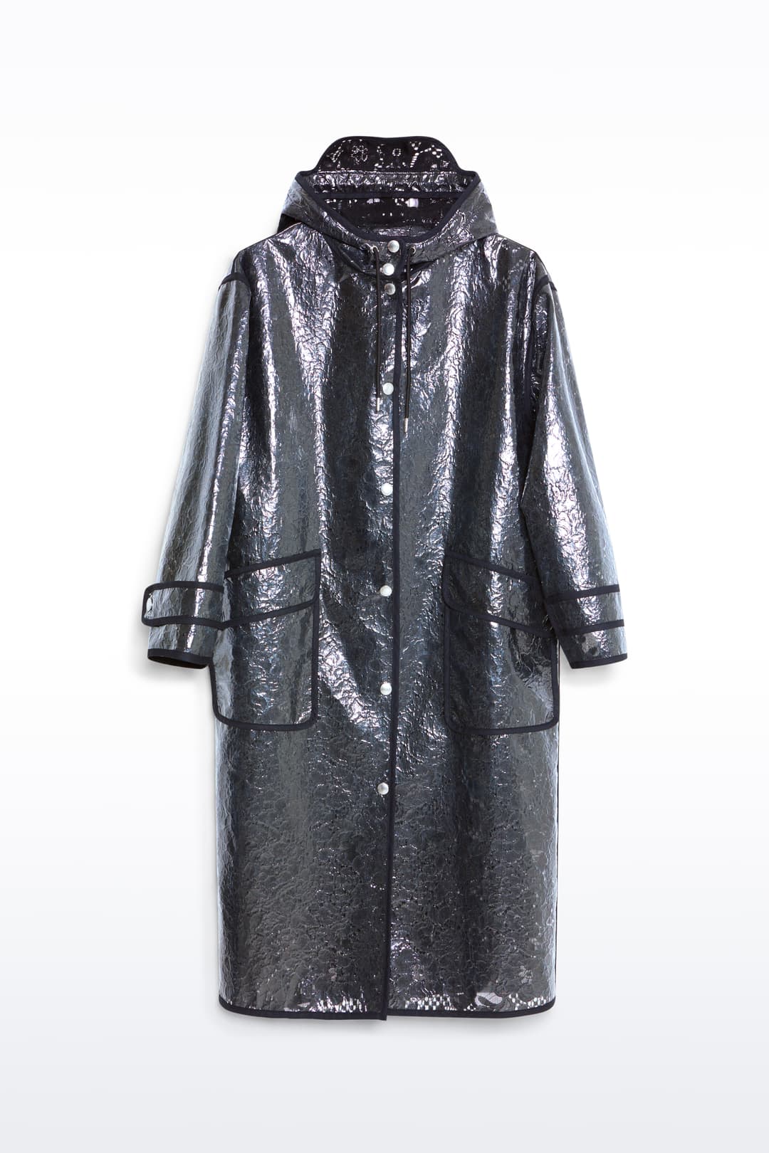 Packshot of the True Raincoat in Black, is a lightweight raincoat with a lace-patterned design.