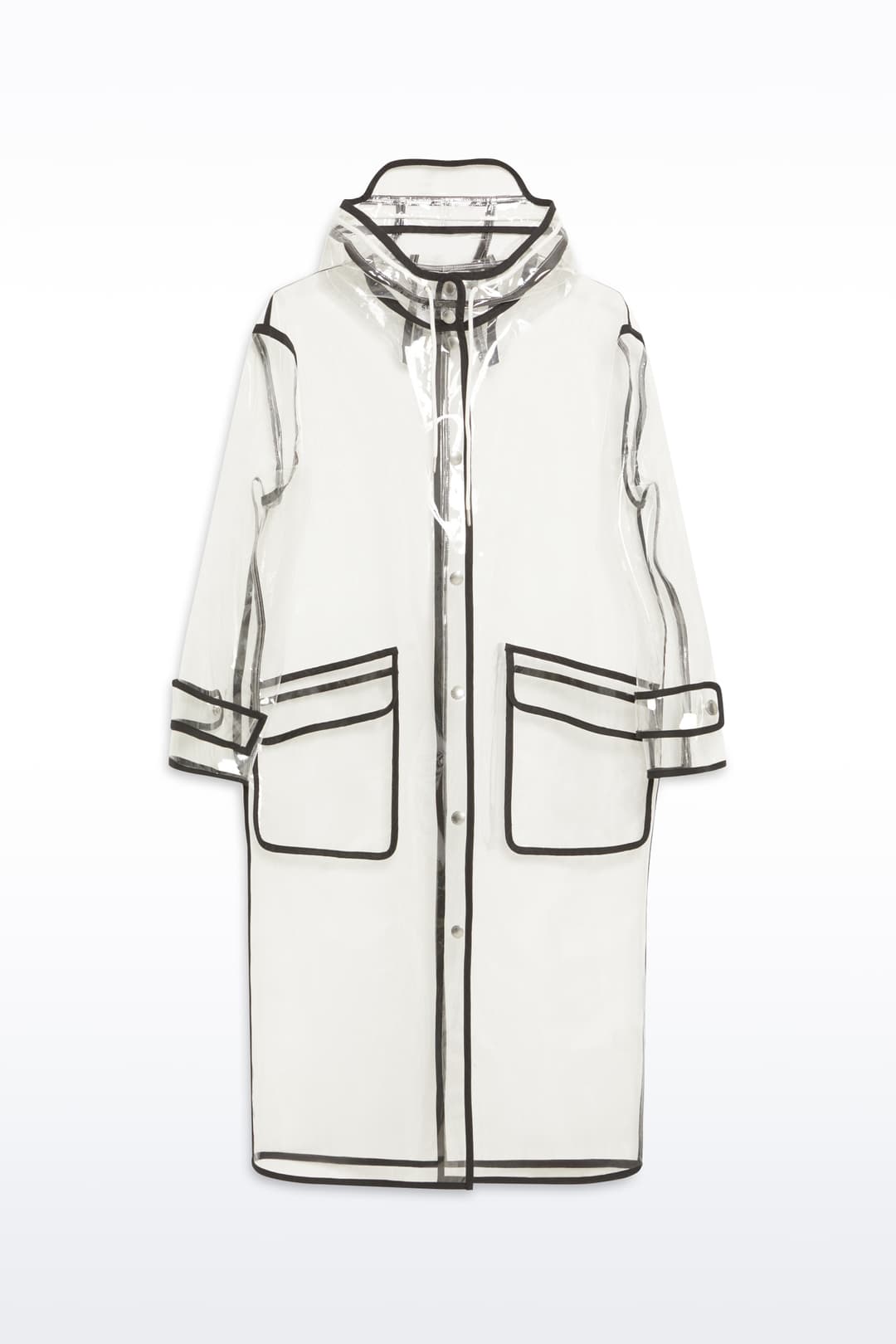 Packshot of the True Raincoat in Transparent, is a lightweight, fully transparent raincoat with contrast binding details.