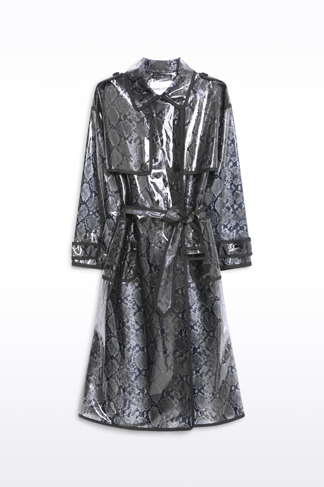 Packshot of the Promise Raincoat in Black, is a lightweight raincoat with a glossy snake-patterned finish.