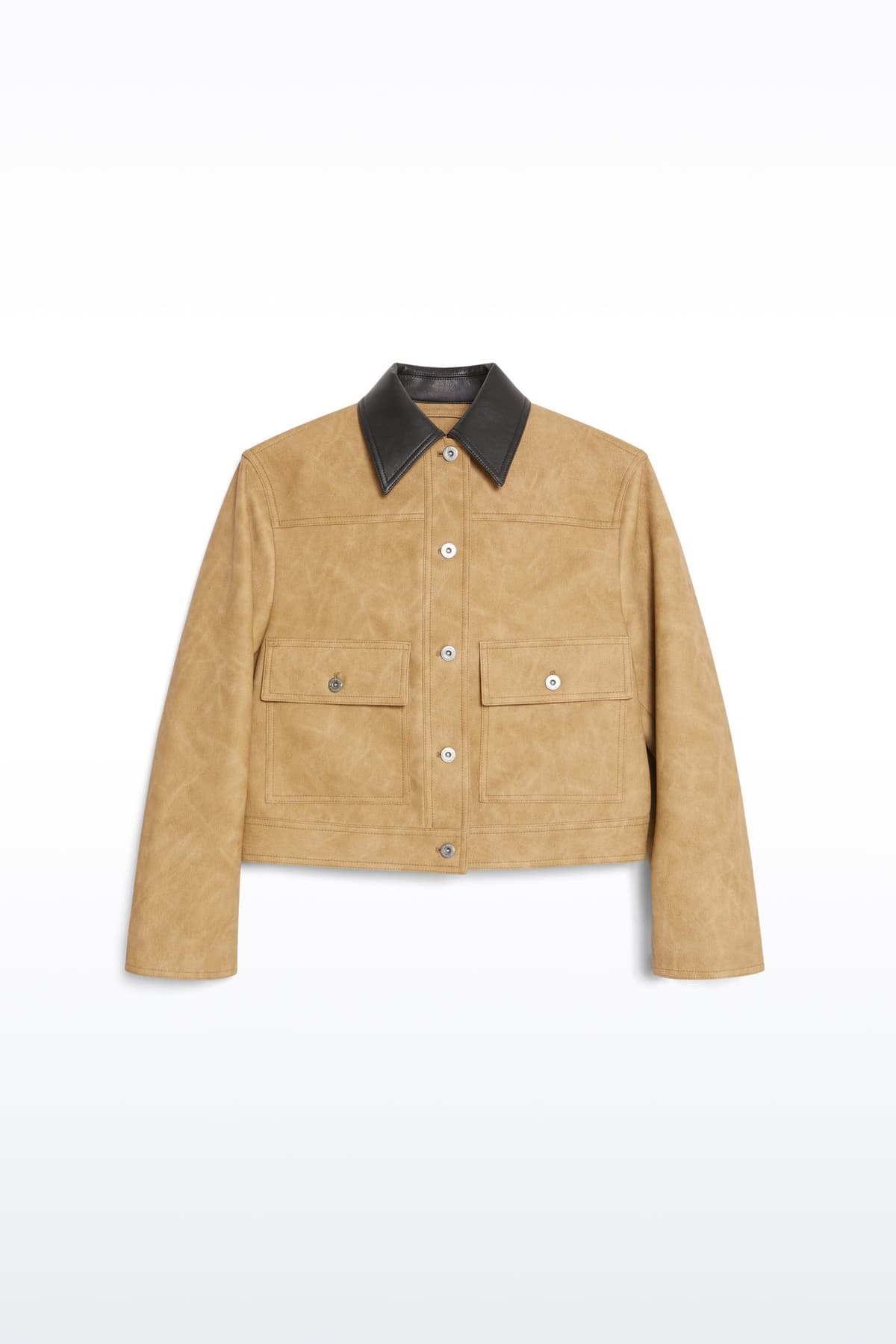 Packshot of the Esther Jacket in Sand, is a cropped faux leather jacket with a casual silhouette.