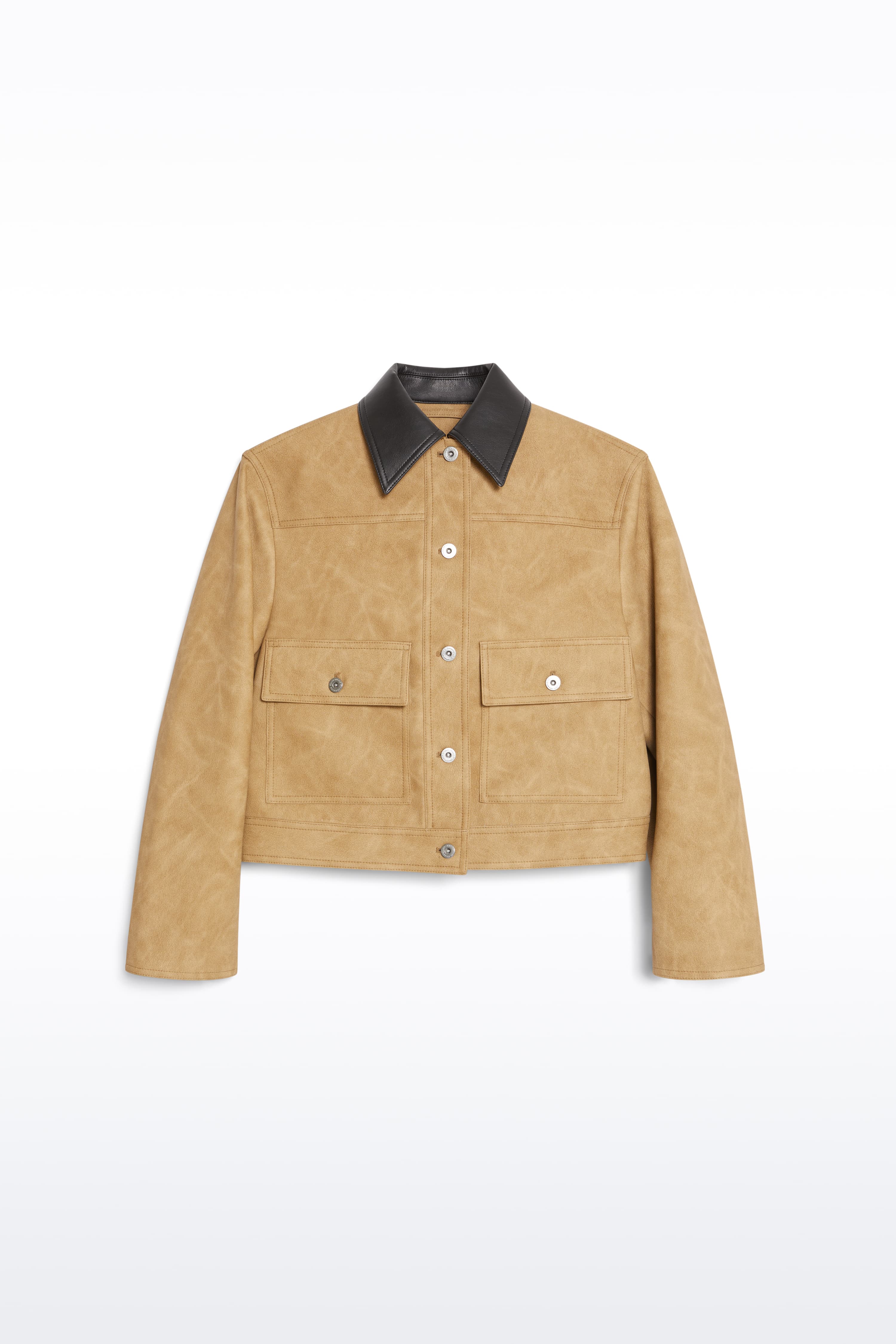 Packshot of the Esther Jacket in Sand, is a cropped faux leather jacket with a casual silhouette.